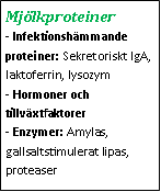 Text Box: Mjölkproteiner- Infektionshämmande proteiner: Sekretoriskt IgA, laktoferrin, lysozym
- Hormoner och tillväxtfaktorer
- Enzymer: Amylas, gallsaltstimulerat lipas, proteaser