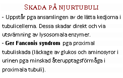 Text Box: Skada på njurtubuli- Uppstår pga ansamlingen av de lätta kedjorna i tubulicellerna. Dessa skadar direkt och via utsvämning av lysosomala enzymer.
- Ger Fanconis syndrom pga proximal tubuliskada (läckage av glukos och aminosyror i urinen pga minskad återupptagsförmåga i proximala tubuli).