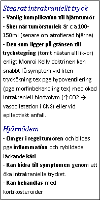 Text Box: Stegrat intrakraniellt tryck- Vanlig komplikation till hjärntumör
- Sker när tumörstorlek är c:a 100-150ml (senare om atrofierad hjärna)
- Den som ligger på gränsen till tryckstegring (tömt nästan all likvor) enligt Monroi Kelly doktrinen kan snabbt få symptom vid liten tryckökning tex pga hypoventilering (pga morfinbehandling tex) med ökad intrakraniell blodvolym (↑CO2 → vasodilatation i CNS) eller vid epileptiskt anfall.Hjärnödem- Omger i regel tumören och bildas pga inflammation och nybildade läckande kärl. 
- Kan bidra till symptomen genom att öka intrakraniella trycket. 
- Kan behandlas med kortikosteroider