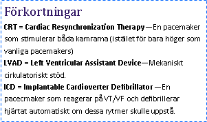 Text Box: FörkortningarCRT = Cardiac Resynchronization Therapy—En pacemaker som stimulerar båda kamrarna (istället för bara höger som vanliga pacemakers)
LVAD = Left Ventricular Assistant Device—Mekaniskt cirkulatoriskt stöd.
ICD = Implantable Cardioverter Defibrillator—En pacecmaker som reagerar på VT/VF och defibrillerar hjärtat automatiskt om dessa rytmer skulle uppstå.