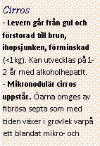 Text Box: Cirros- Levern går från gul och förstorad till brun, ihopsjunken, förminskad (<1kg). Kan utvecklas på 1-2 år med alkoholhepatit.
- Mikronodulär cirros uppstår. Öarna omges av fibrösa septa som med tiden växer i grovlek varpå ett blandat mikro- och 