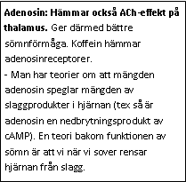 Text Box: Adenosin: Hämmar också ACh-effekt på thalamus. Ger därmed bättre sömnförmåga. Koffein hämmar adenosinreceptorer.
- Man har teorier om att mängden adenosin speglar mängden av slaggprodukter i hjärnan (tex så är adenosin en nedbrytningsprodukt av cAMP). En teori bakom funktionen av sömn är att vi när vi sover rensar hjärnan från slagg.