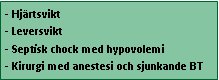 Text Box: - Hjärtsvikt
- Leversvikt
- Septisk chock med hypovolemi
- Kirurgi med anestesi och sjunkande BT