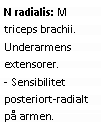 Text Box: N radialis: M triceps brachii. Underarmens extensorer. 
- Sensibilitet posteriort-radialt på armen.