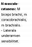Text Box: N musculo-cutaneus: M biceps brachii, m coracobrachialis, m brachialis. 
- Laterala underarmen sensibilitet.