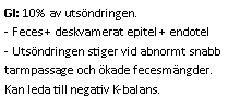 Text Box: GI: 10% av utsöndringen. 
- Feces + deskvamerat epitel + endotel
- Utsöndringen stiger vid abnormt snabb tarmpassage och ökade fecesmängder. Kan leda till negativ K-balans.